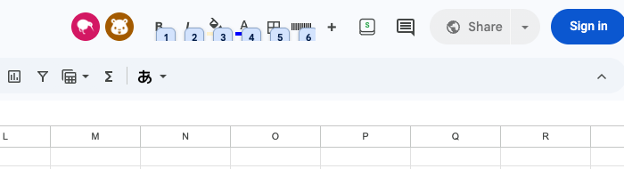 Google Sheets showing Alt+1–6 KeyTips on registered Quick Access Toolbar actions