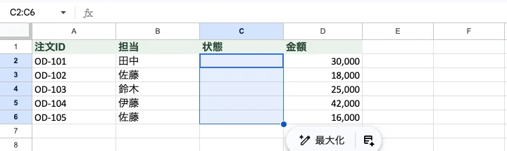 Google スプレッドシートの注文表。状態列のC2からC6まではすべて空欄になっている