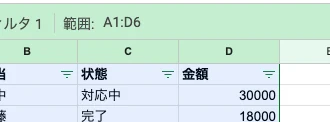フィルタ表示の緑の見出し行。状態列の右端のフィルタマーク