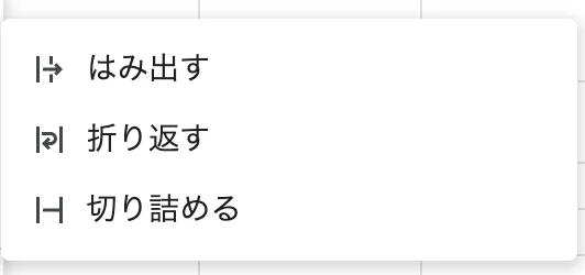 Google Sheets のラッピングメニュー。はみ出す、折り返す、切り詰めるのうち折り返すを強調